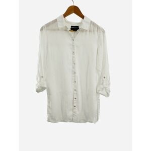Tahari Women's Linen Button Down Shirt Small Roll Tab Sleeve Top White‎